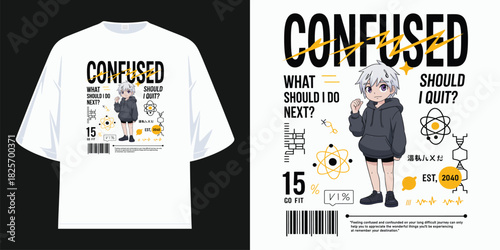 anime boy confused what to do next should i quit black and white graphic design streetwear apparel (t shirt design vector illustration artwork)
