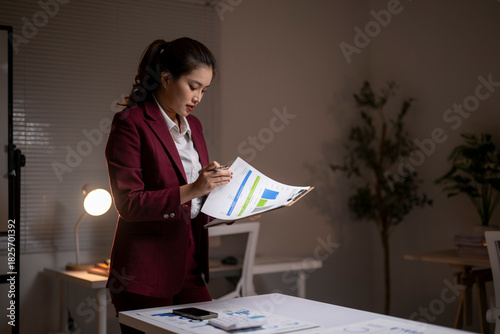 Young asian businesswoman analyzing financial reports working late