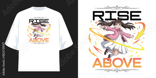 anime girl with orange magic ring stars power and text rise above t shirt design vector illustration artwork
