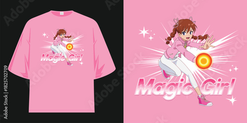 magic girl anime character casting spell pink aesthetic pop art style t shirt design vector illustration artwork
