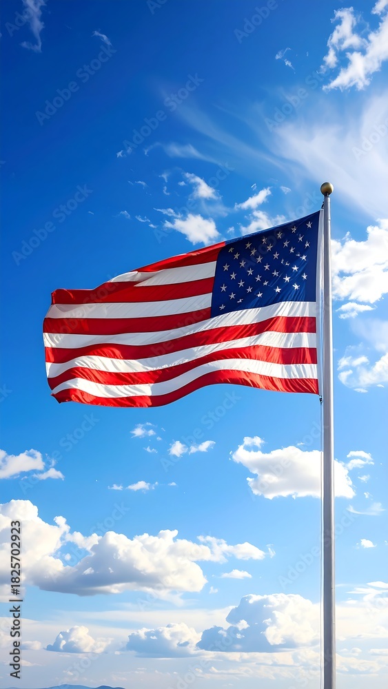 Naklejka premium The American flag flutters in the wind against a bright blue sky