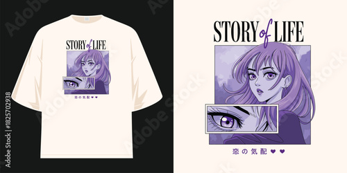 purple hair anime girl close up eyes with japanese text story of life koi no kehai t shirt design vector illustration artwork
