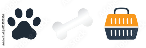 Three pet care icons paw print, bone, and travel carrier, representing veterinary, animal shelter, grooming, and pet supplies concepts