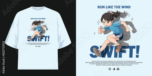 anime girl running fast motion blur action athletic lifestyle swift run like the wind t shirt design vector illustration artwork
