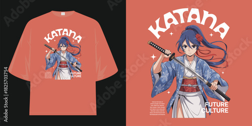 anime girl with katana japanese samurai warrior traditional kimono future culture t shirt design vector illustration artwork
