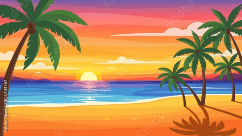 Tropical beach sunset scene with palm trees and ocean views in a vibrant, colorful illustration
