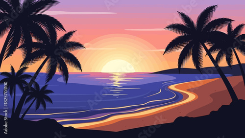 Sunset over tropical beach with palm trees silhouettes and ocean waves at dusk or dawn