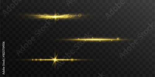 A glowing golden beam extends in a straight path with vivid sparks and warm radiance. The smooth flow adds depth and visual richness. Great for stylish lighting or elegant effects. Vector.