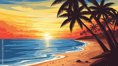 Vibrant tropical sunset over a serene beach with silhouetted palm trees and gentle ocean waves