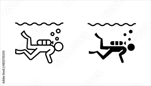Scuba diving icon set. deep ocean underwater diving with oxygen cylinder and mask suit for sport activity. vector illustration on white background