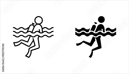 Scuba diving icon set. deep ocean underwater diving with oxygen cylinder and mask suit for sport activity. vector illustration on white background