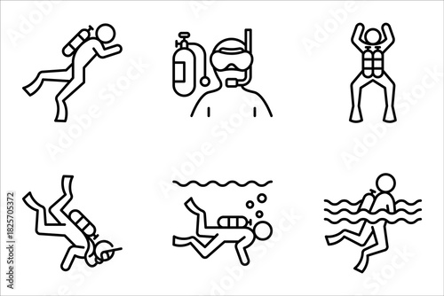 Scuba diving icon set. deep ocean underwater diving with oxygen cylinder and mask suit for sport activity. vector illustration on white background