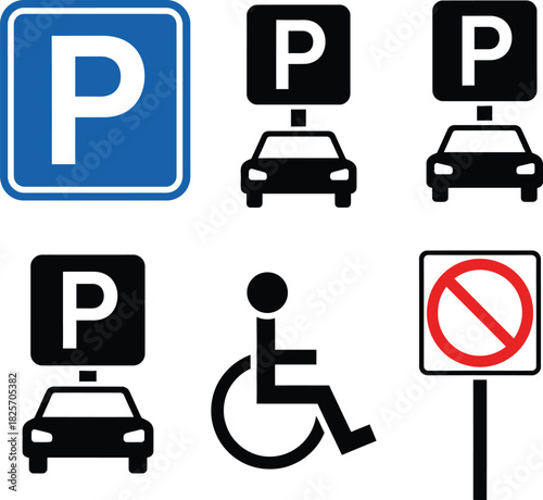 Set of blue parking sign icons showing car, bike, and disabled symbols with street direction arrows