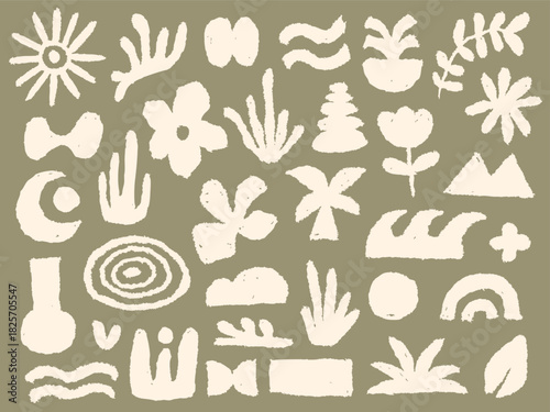 Large set of abstract organic boho shapes and botanical elements with linocut texture on sage green background for branding or pattern