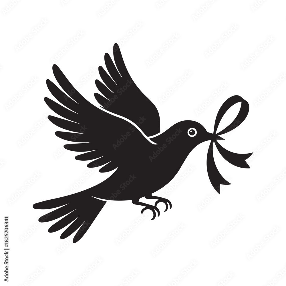 Fototapeta premium Black silhouette of a bird flying with a ribbon in its beak