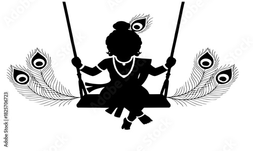 Bal Krishna on swing silhouette illustration, baby Hindu god black vector icon, Janmashtami festival design element, stylized peacock feathers, traditional Indian deity line art