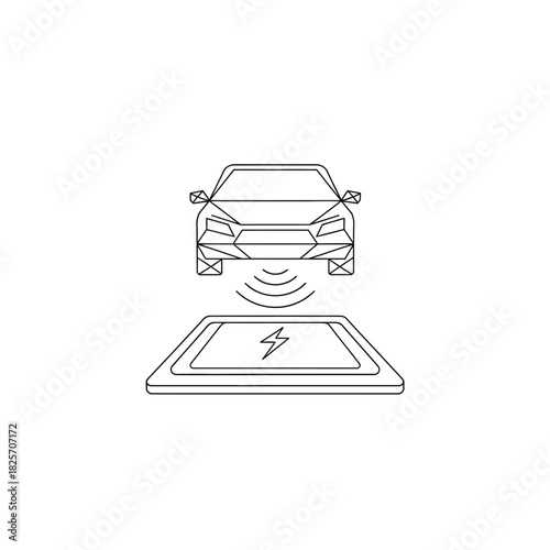 Simple black and white line art of an electric vehicle using a wireless charging platform, symbolizing clean energy and innovation