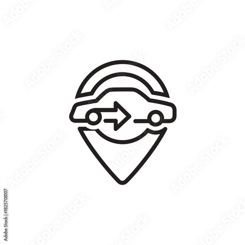 Outline icon of car sharing and vehicle relocation services at a location. Features an automobile with an arrow inside a map pin, ideal for modern transportation applications