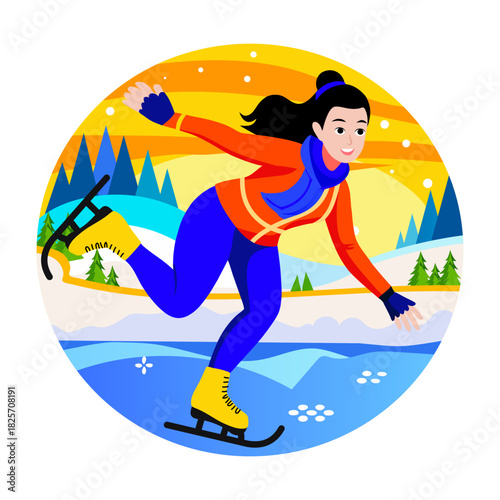 A flat style illustration of girl ice skating on rink