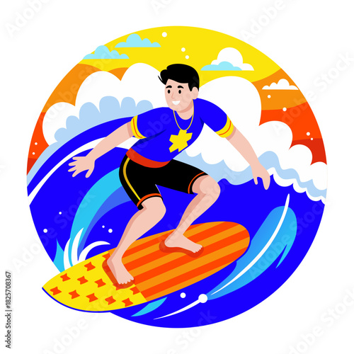 Flat style illustration of boy surfing ocean wave with excitement