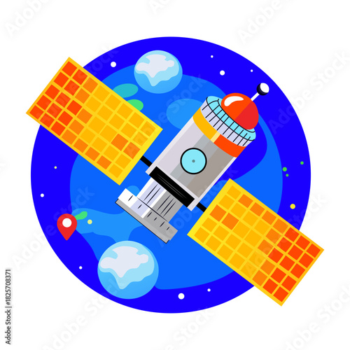 A flat style illustration of space satellite orbiting