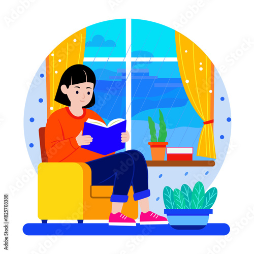 Flat style illustration of woman reading book indoors peacefully