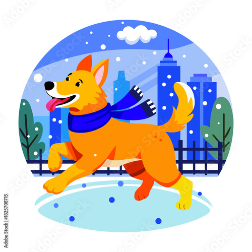A flat style illustration of dog playing happily in snow