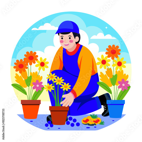 A flat style illustration of person picking flowers from garden