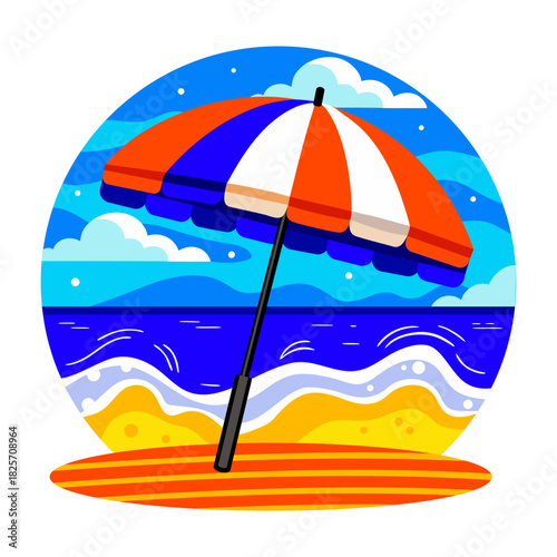 Flat illustration of beach umbrella shading sunny shore