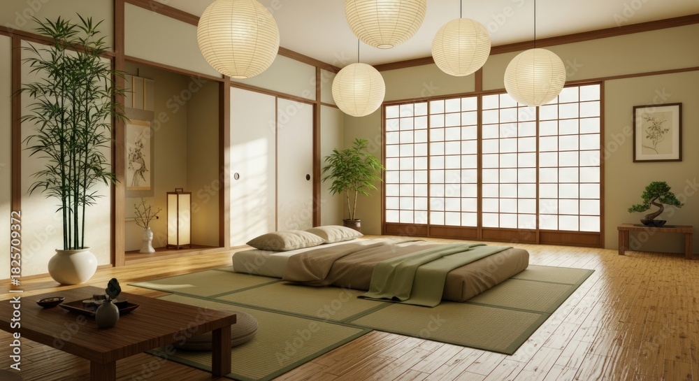 Fototapeta premium Serene Japanese bedroom with shoji screens and low bed