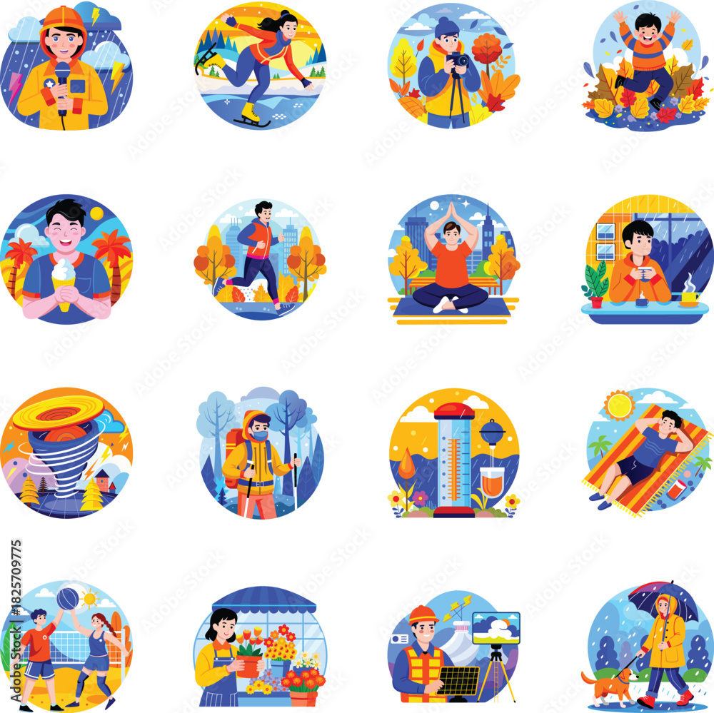 Fototapeta premium Trendy Collection of 16 Seasonal Activities Flat Style Illustrations 