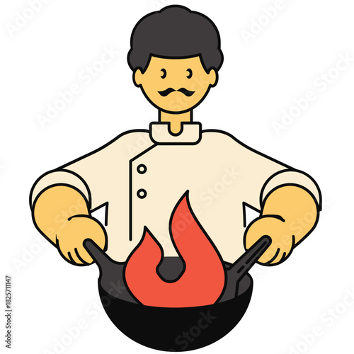 chef cooking with wok on fire