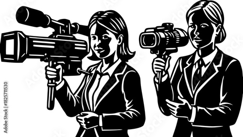 News Reporter and Cameraman Team Silhouette Vector