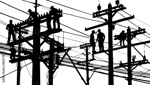 Multiple Linemen Working on Power Poles Silhouette Vector