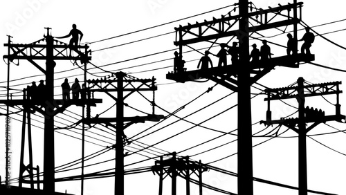 Multiple Linemen Working on Power Poles Silhouette Vector