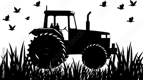 Farming Tractor Tilling Field with Birds Silhouette Vector