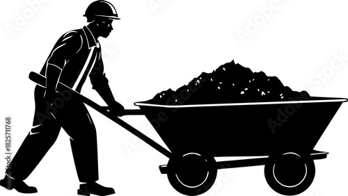 Miner Pushing Loaded Ore Cart Silhouette Vector