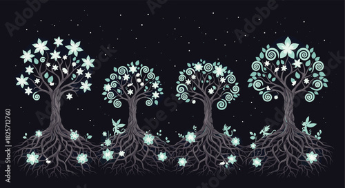 Captivating pixel art illustration of four magical trees with glowing flowers and detailed roots, accompanied by enchanting fairies under a starry night sky.