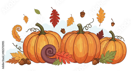 Vibrant hand-drawn illustration of three orange pumpkins surrounded by colorful autumn leaves, twisted tendrils, and scattered acorns, creating a festive fall harvest display.