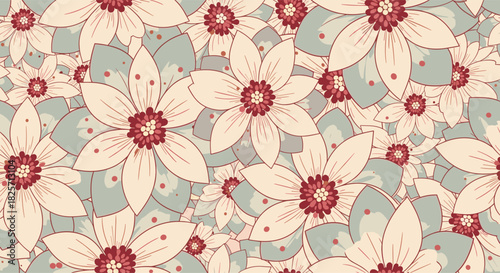 An elegant and calming seamless floral pattern, showcasing overlapping cream-colored blossoms with reddish-pink centers and soft green foliage, perfect for fabric or wallpaper designs.
