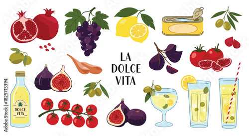 A vibrant collection of fresh Italian ingredients and refreshing drinks, embodying the concept of 'La Dolce Vita' and a healthy Mediterranean lifestyle.