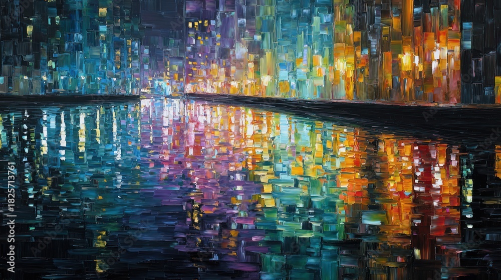 Fototapeta premium Abstract night cityscape painting with reflections and colorful lights