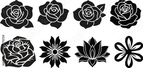 Set of black rose flower silhouettes floral design elements on white.Vector rose icon. Set of decorative flower silhouettes for your design.Set of decorative rose with leaves. Flower silhoutte. 