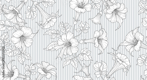 A detailed seamless pattern featuring hand-drawn black and white illustrations of elegant trumpet-shaped flowers and leaves, with intricate line work on a subtle striped background.