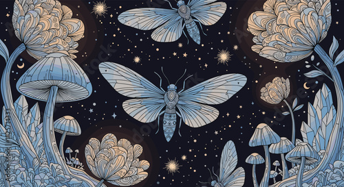 Enchanting celestial garden scene featuring mystical moths, glowing mushrooms, and shimmering crystals under a starry night sky.