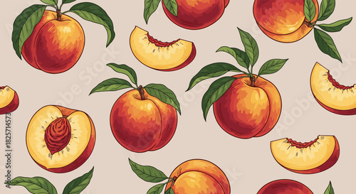 Seamless pattern of ripe peaches, featuring hand-drawn whole fruits, halves, and slices with green leaves, artfully arranged on a light background, perfect for summer and food-themed designs.