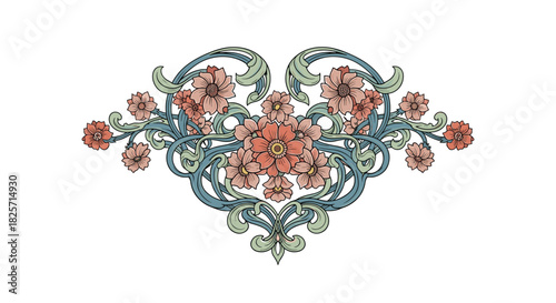 An elegant, symmetrical floral arrangement featuring stylized peach and coral flowers intertwined with flowing blue-green leafy tendrils, creating a classic vintage decorative emblem.