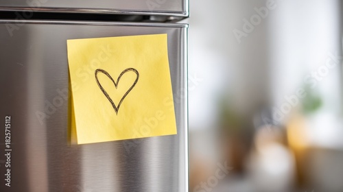 a yellow sticky note with a simple heart drawing on a metal fridge