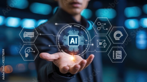 Business professional presents artificial intelligence technology interface above their open palm