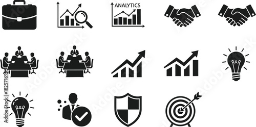 Business and finance icon set in black and white minimalist style